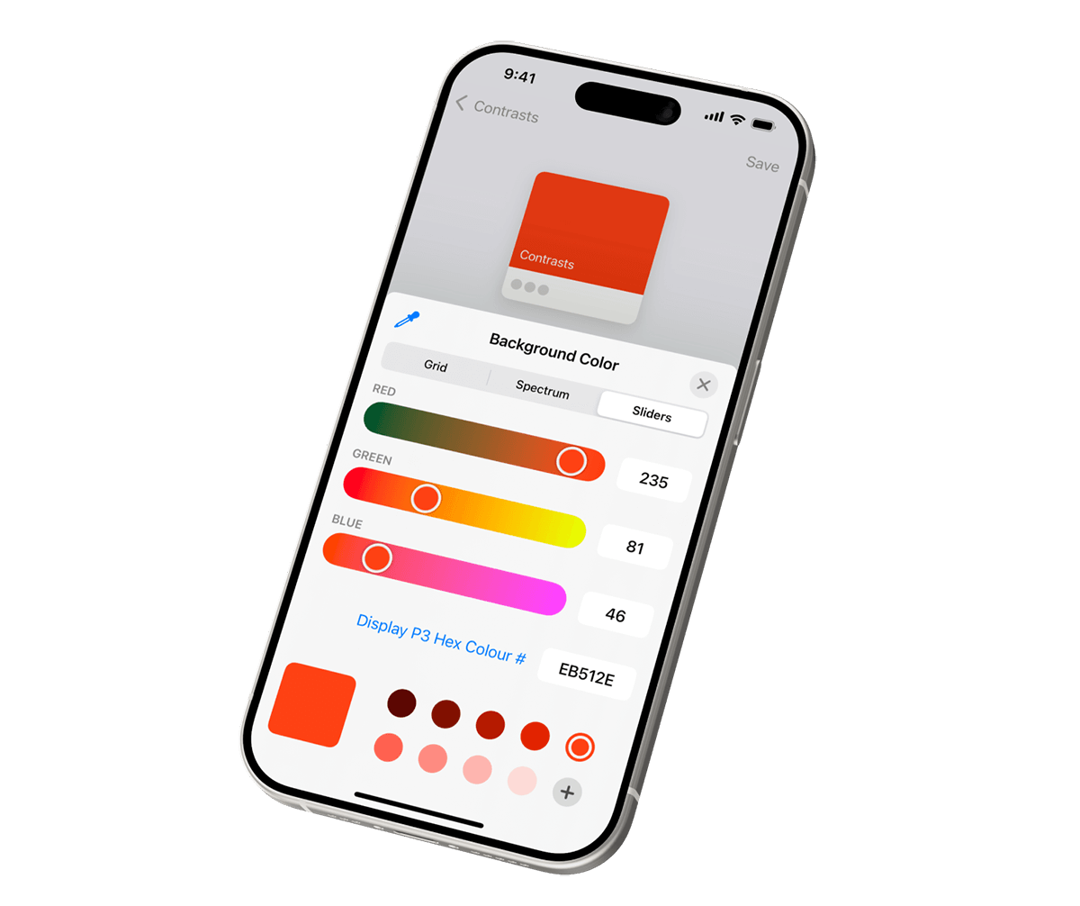 iPhone displaying the details page of a color pair in the Contrasts app, partially covered by a color picker with RGB sliders, allowing precise color adjustments.